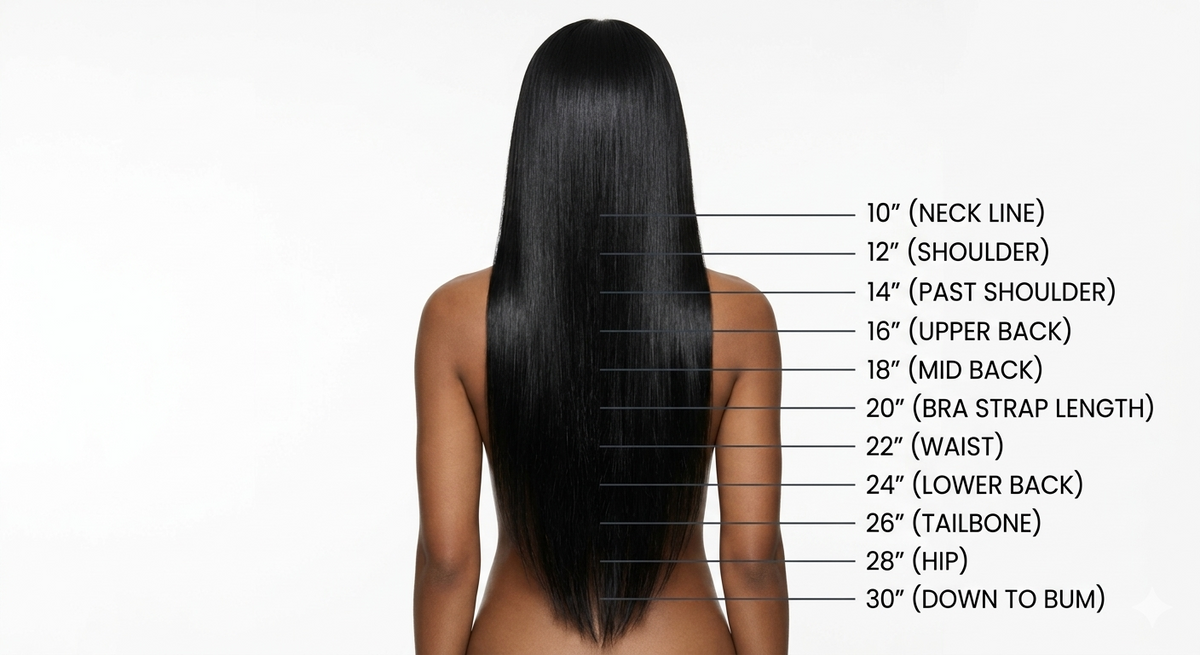 Hair length guide showing where 10 to 30 inch hair sits on the body, from neck line to down to bum
